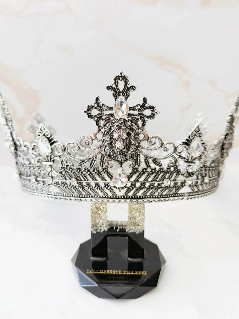 Silver Lion King Crown Clear Crystal Cross Medieval Royal Cosplay Wedding Prom